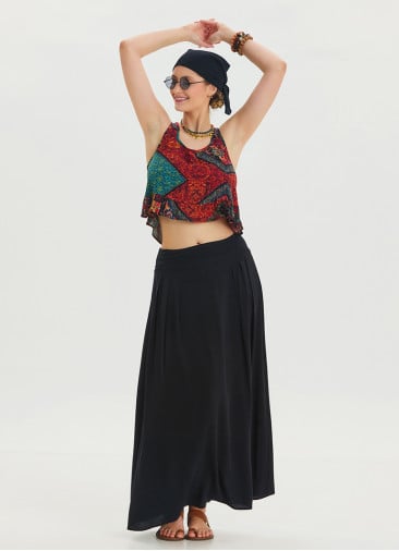 Black Long Skirt with Elastic Waist and Drape Detail 4493